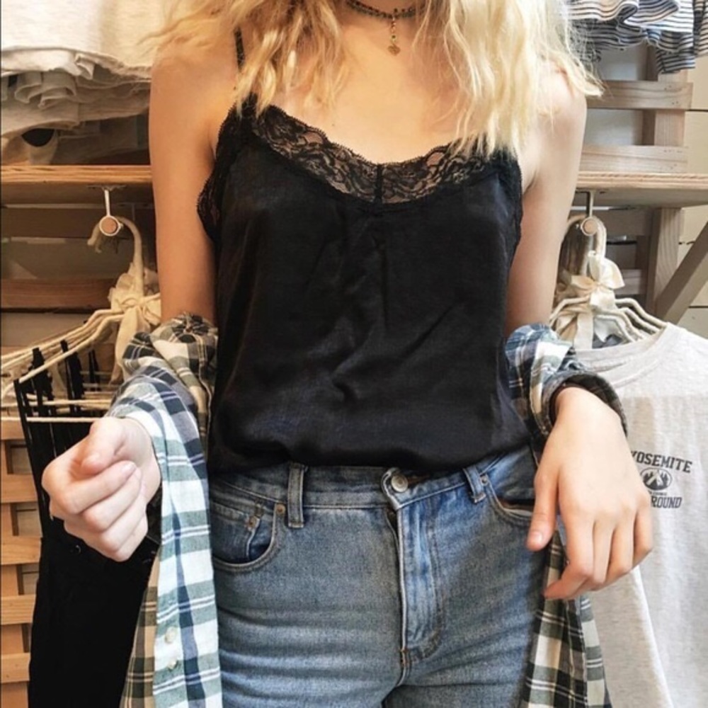Brandy Melville Black Silky Top with Lace Detail